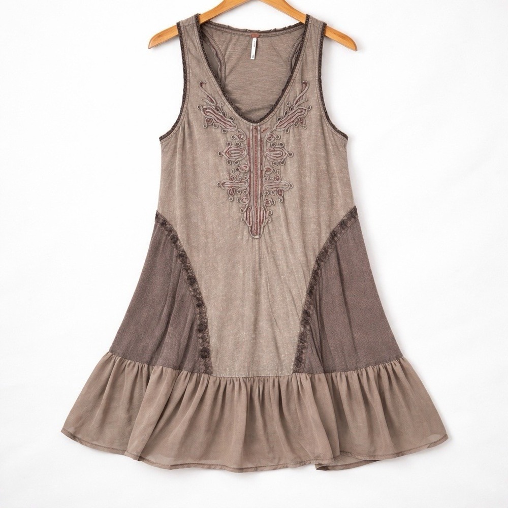 Free People Boho Festival Tank Dress Womens Medium Embellished Beaded Earthy